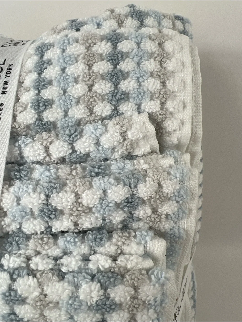 Rachel Zoe Towel Set Blue Tan White Waffle Weave Soft 100% Cotton 6 Pc Set NEW